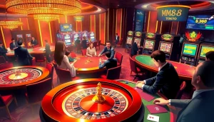 Gamblers strategizing and playing at MM88 Tokyo's luxurious casino tables.