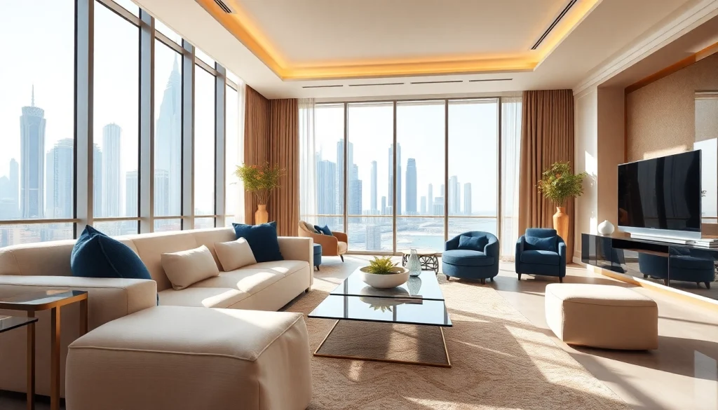 Stylish luxury living room interior design dubai featuring elegant furniture and a stunning skyline view.