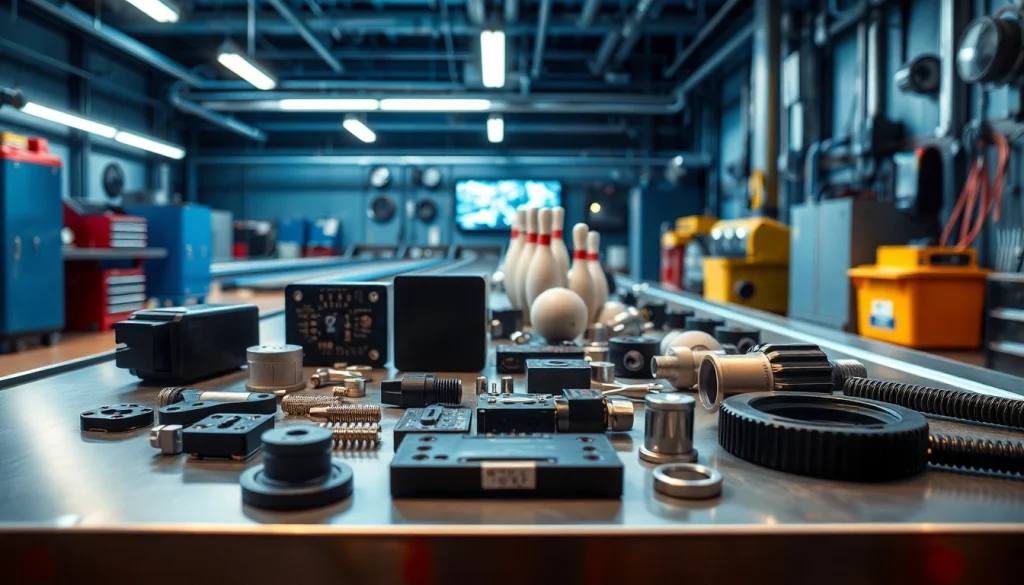 Bowling parts for Brunswick displayed on a professional workbench, highlighting durability and quality.