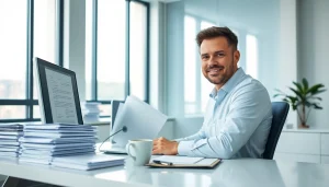 Professional scene of a beëdigd vertaler working in a modern office setting, illustrating dedication and expertise.