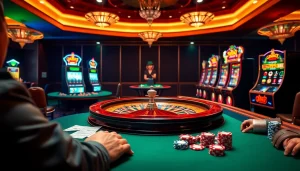 3king gamblers enjoying a vibrant online casino experience with roulette and poker tables.