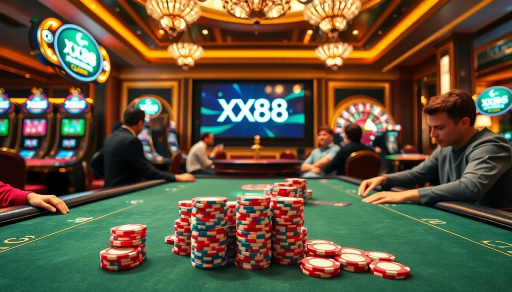 Players engaging in a strategic poker game at an upscale casino table, highlighting XX88's thrilling atmosphere.