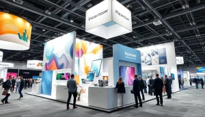 Engaging trade show booth featuring vibrant displays and modular design elements in a bustling environment.