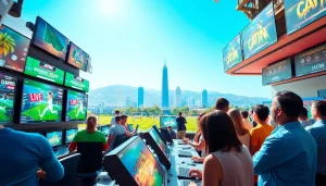 Engaged bettors enjoying sports betting California in a vibrant sportsbook setting.