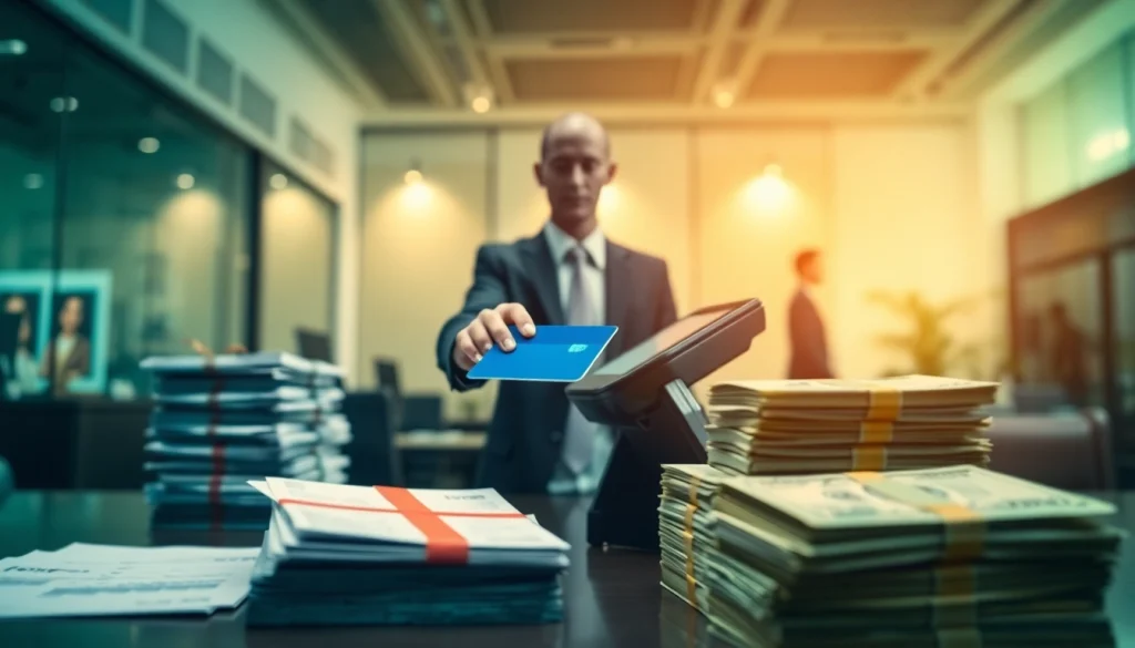 카드깡 거래를 통해 현금을 융통하는 모습, 전문적인 재무 환경에서.