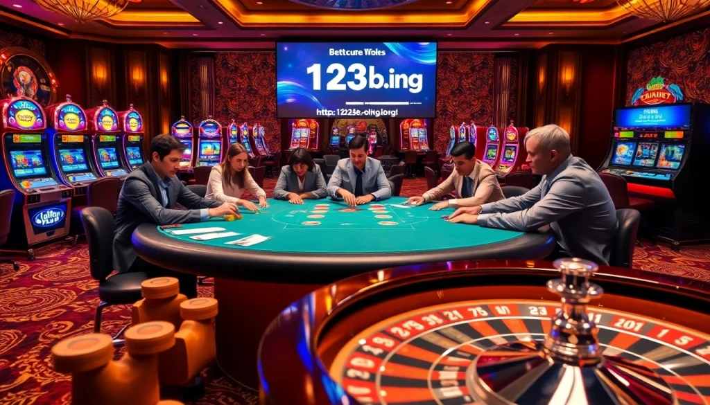 Experience the thrill of gambling at https://123b.ing/ with a vibrant casino scene of poker and slot machines.