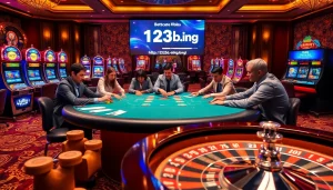 Experience the thrill of gambling at https://123b.ing/ with a vibrant casino scene of poker and slot machines.