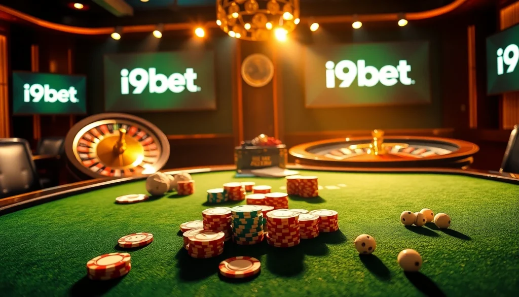 Experience thrilling gaming action at i9bet with poker chips and cards on an elegant table.