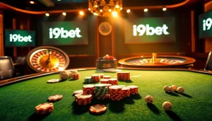 Experience thrilling gaming action at i9bet with poker chips and cards on an elegant table.