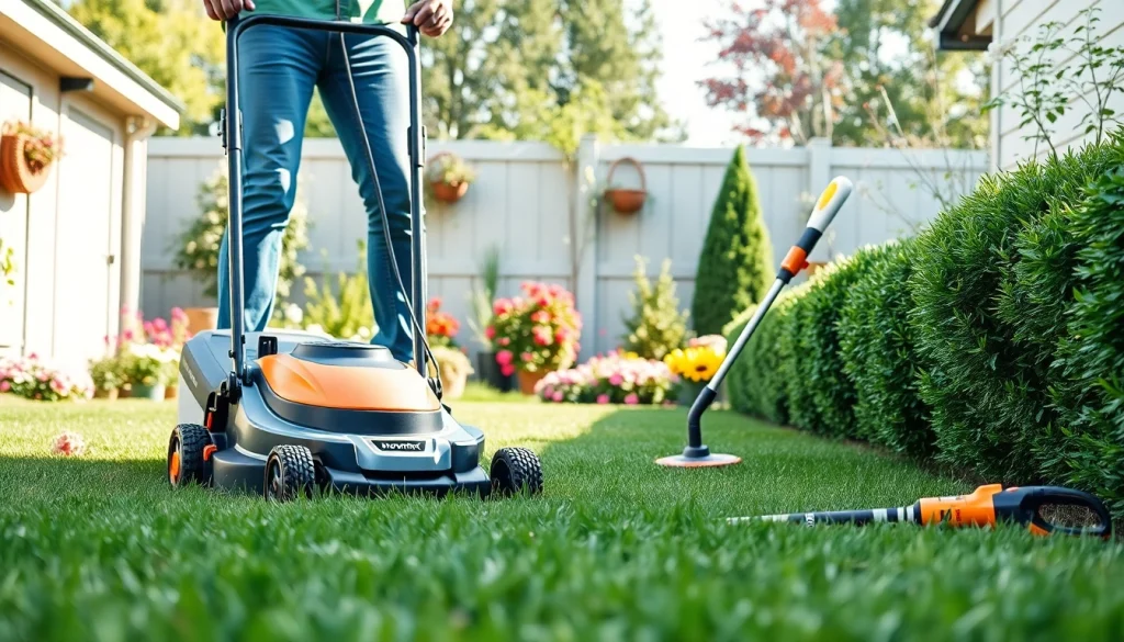 NovorikX outdoor power tools in a vibrant garden setting, showcasing lawn care efficiency.