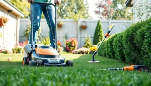 NovorikX outdoor power tools in a vibrant garden setting, showcasing lawn care efficiency.