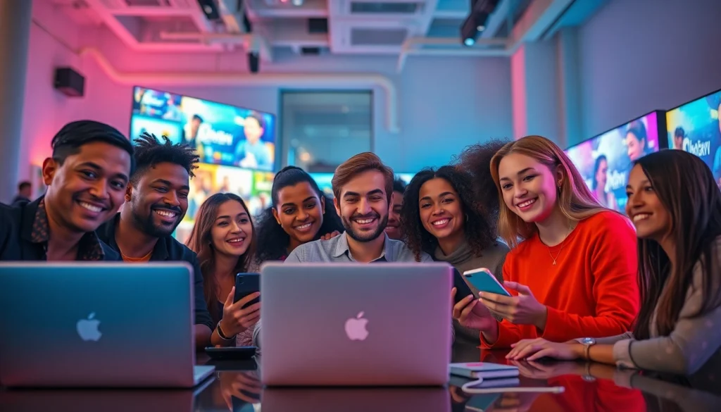 Diverse people engaging with technology in a modern workspace for Lauthaitv