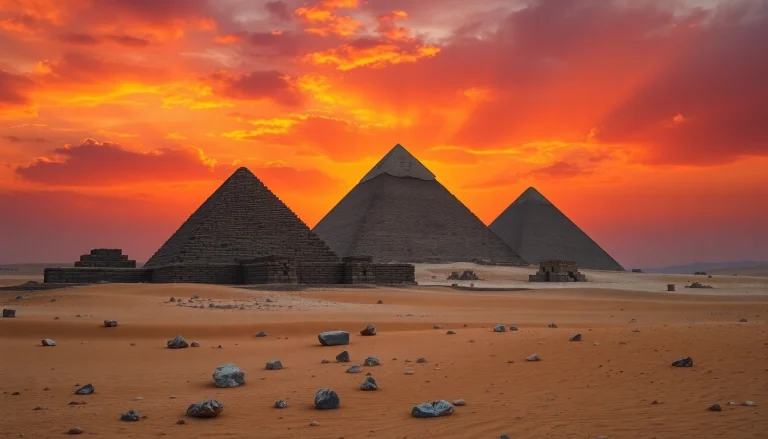 Explore piraminds at sunset with golden rays illuminating their majestic structures.