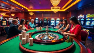 Experience the thrill of RR88 with vibrant casino tables, roulette wheels, and engaged players.