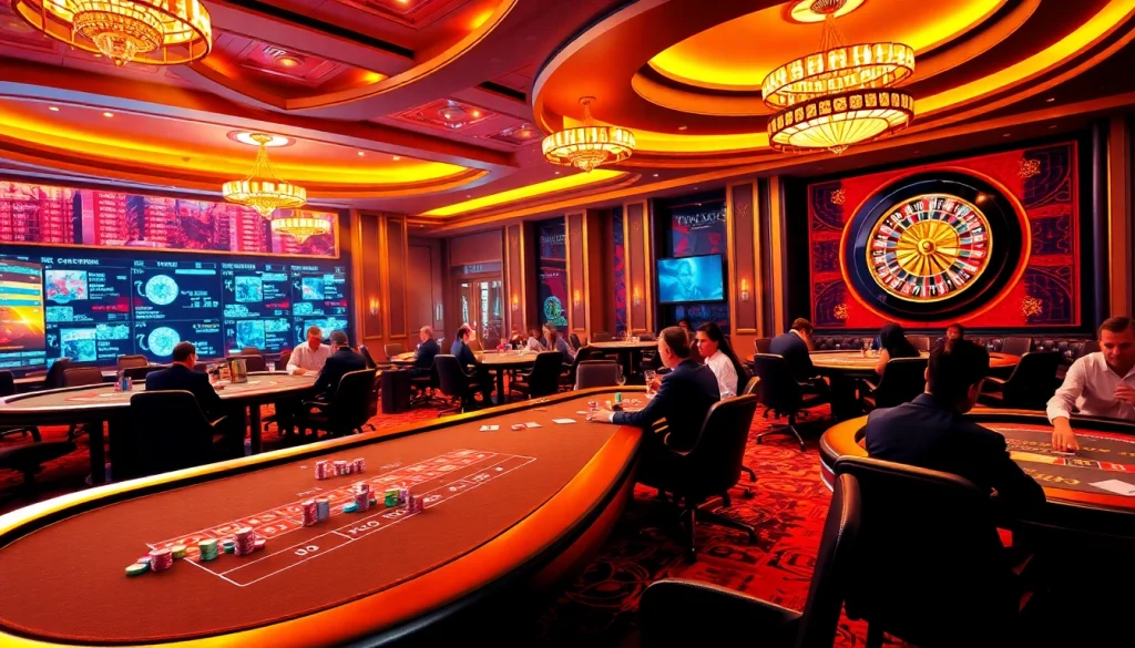 A luxurious poker room scene with busy tables showcasing gambling action at tylekeo.asia.