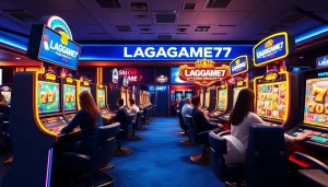 LAGAGAME77 gaming lounge with dynamic visuals and players enjoying thrilling slot games.