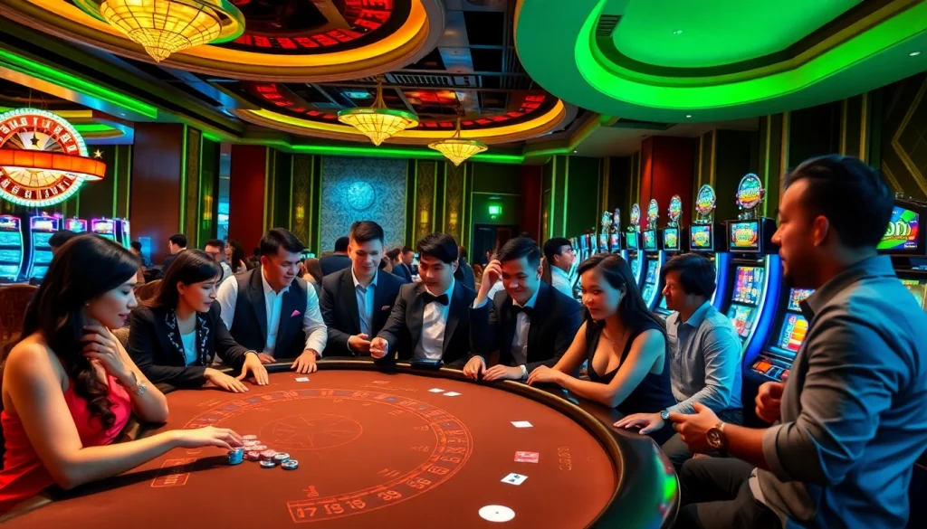 Experience thrilling gameplay at https://688v.games/ with a luxurious casino scene filled with diverse players.