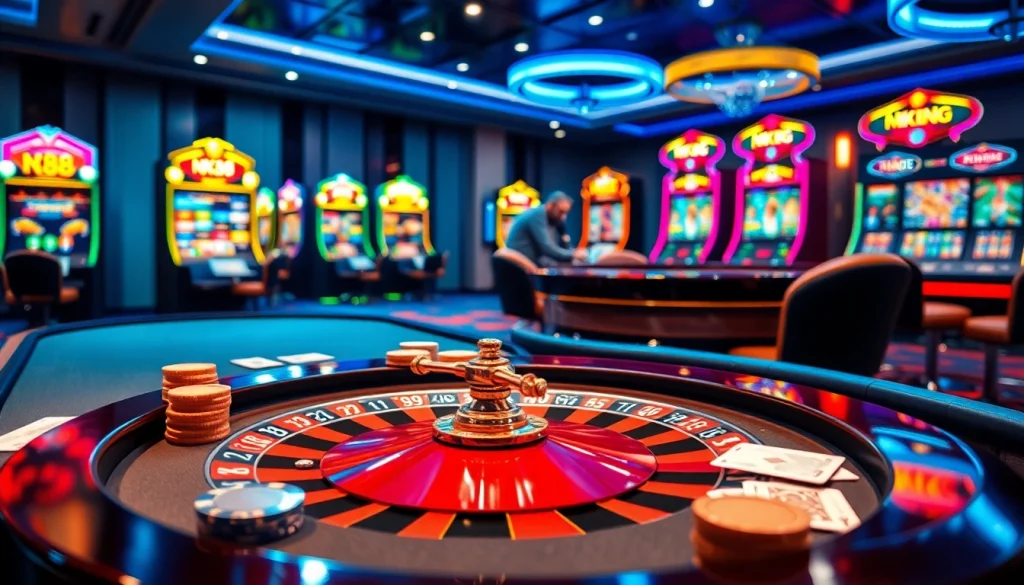 Players strategizing at the NK88 poker table in a vibrant casino atmosphere.