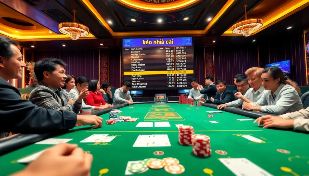 Gamblers analyzing kèo nhà cái odds at a vibrant casino table during a sports event.