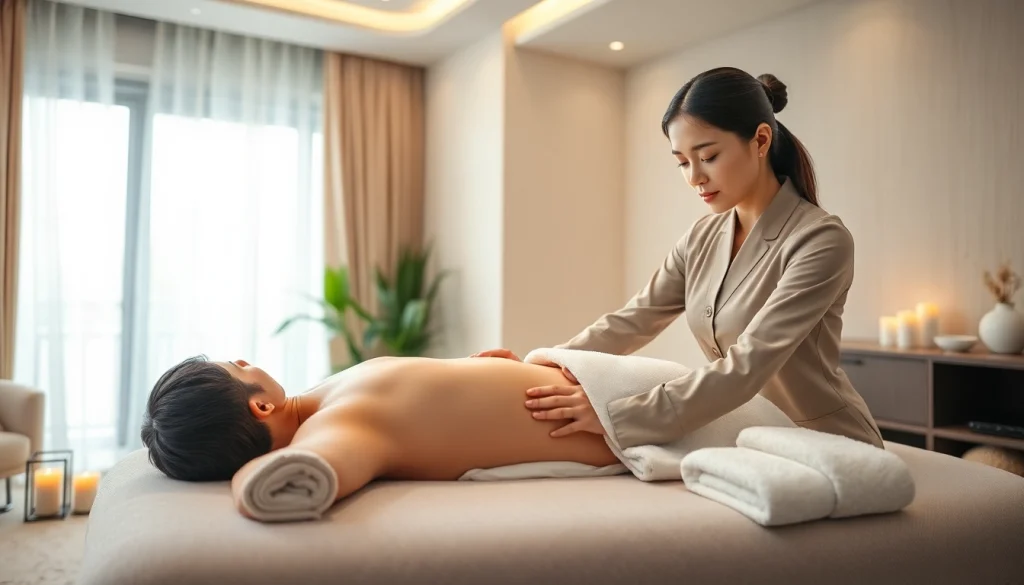 출장마사지 service showcasing a professional therapist in a serene setting, emphasizing relaxation and luxury.