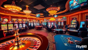 Exciting casino gaming scene at Nhà cái Fly88 with poker tables and vibrant slot machines.