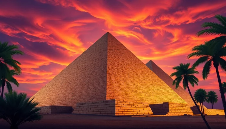 Pyraminds illuminated at twilight with detailed foreground features and dramatic landscape