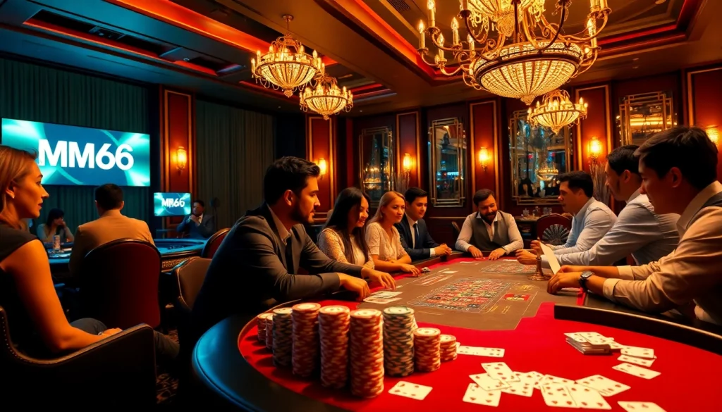 Players strategizing during an intense poker game at MB66 Casino, surrounded by vibrant decor.