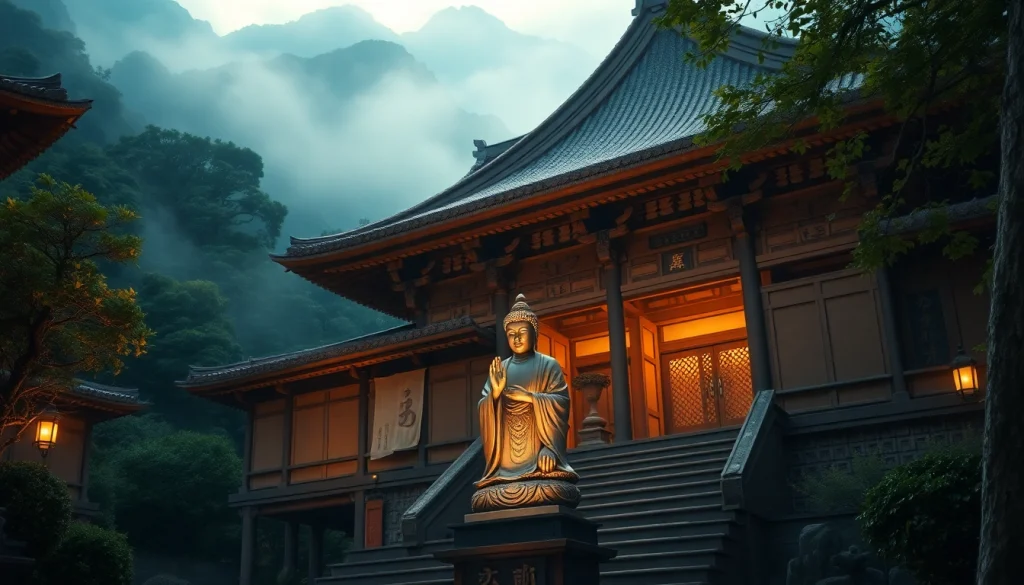 静かな日本の寺院にある即身仏の像、豊かな緑と穏やかな霧に囲まれて
