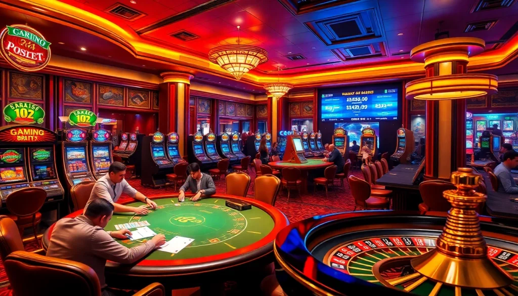 Experience the excitement of l444 online gaming with a luxurious casino scene featuring vibrant slot machines.