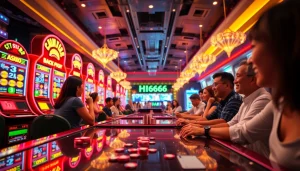 Exciting online casino experience at HH666 with vibrant gaming machines and live dealers.