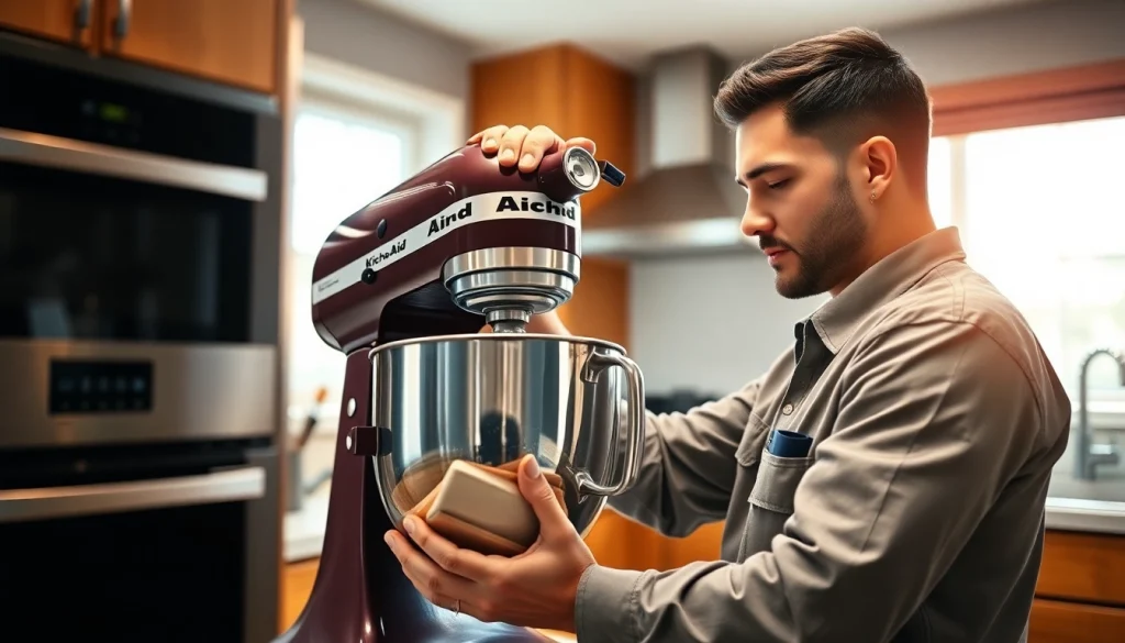 Skilled technician performing kitchenaid appliance repair ottawa on a KitchenAid mixer in a bright kitchen.