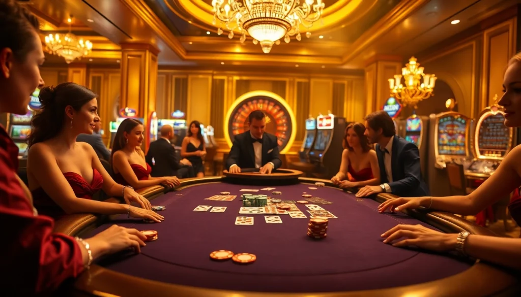 Players enjoy a thrilling poker game at a luxurious KJC casino table, surrounded by vibrant betting elements.