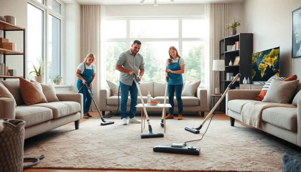 Cleaning Services Near Fort Lee, NJ: Professional cleaners tidying a modern living room.