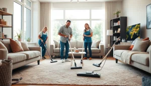 Cleaning Services Near Fort Lee, NJ: Professional cleaners tidying a modern living room.