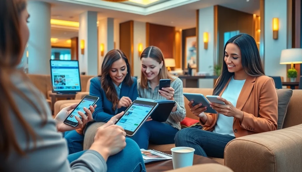 Compare Rates for Hotels with travelers exploring offers on digital devices in an elegant lobby.