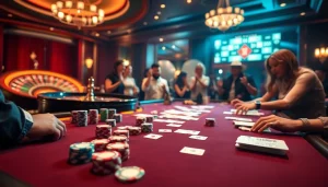 Permainan poker yang seru di kasino mewah menampilkan kata kunci datukwin dengan chip berwarna-warni dan kartu.