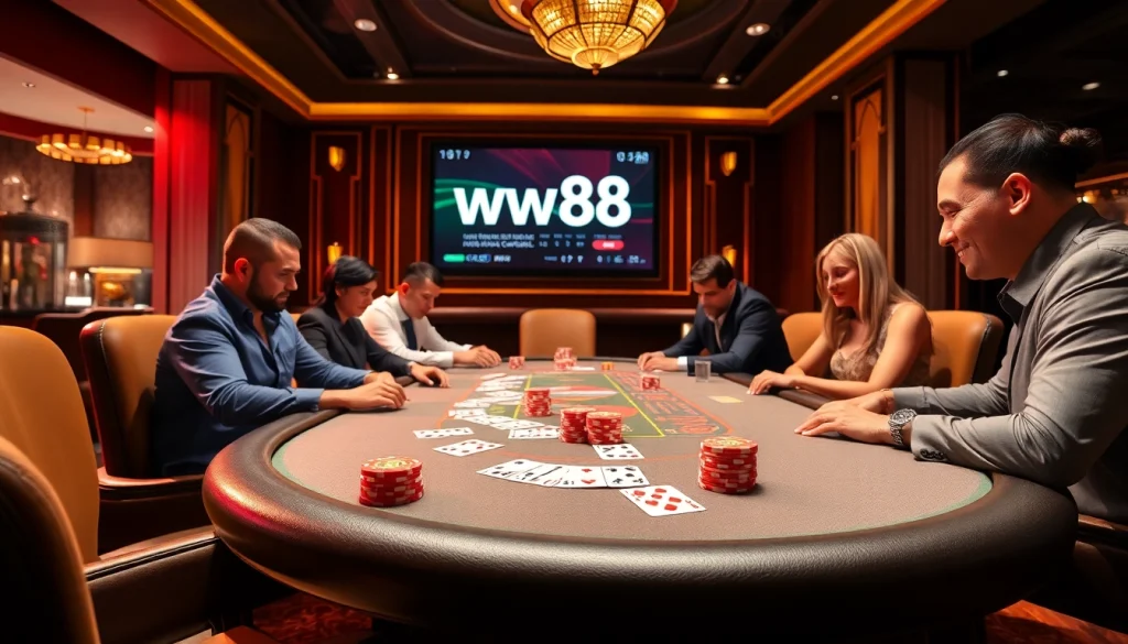 Engaging poker players in an elegant casino scene showcasing ww88's vibrancy and excitement.