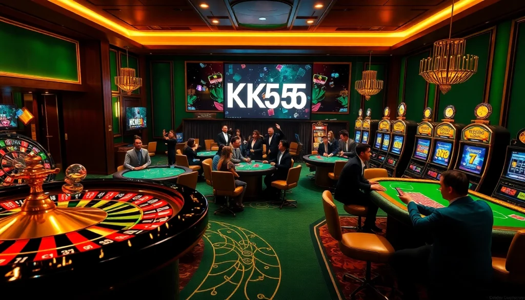 Experience the excitement of KK55-themed casino games with vibrant tables and glowing slots.