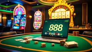 Experience high-stakes gaming at U888 with vibrant casino tables and slot machines.