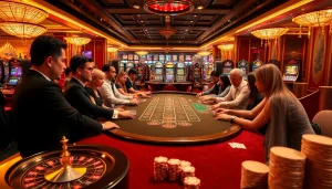 Players strategizing at a blackjack table in a luxurious casino at s8ok.com, filled with excitement.