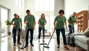 Efficient professionals providing cleaning services near me in a bright living room setting.