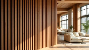 Admire a beautifully designed wood slat wall in a cozy living room setting.