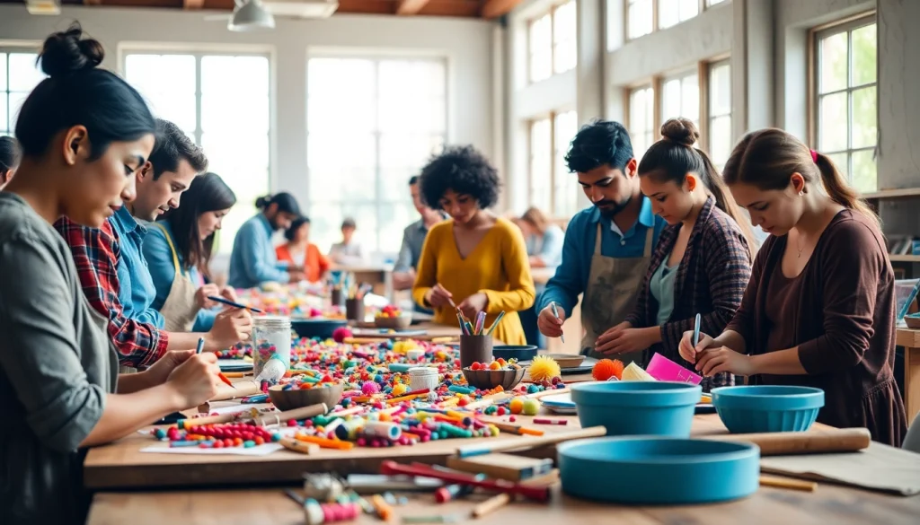 Engaged individuals creating unique crafts in craft training programs within a vibrant workshop.