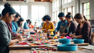 Engaged individuals creating unique crafts in craft training programs within a vibrant workshop.