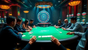 Players engaging in an intense poker game at thabet77 casino, surrounded by vibrant slot machines and a roulette wheel.