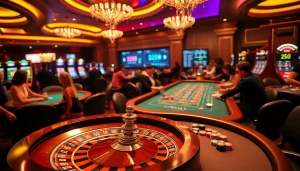 Engage in thrilling gameplay at gg88bz with vibrant casino tables and poker chips.