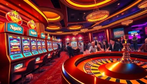 Naga99 casino players celebrating a jackpot win with vibrant slot machines and poker tables.