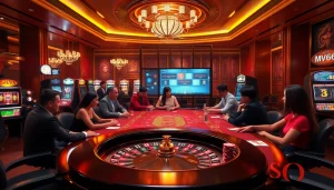 Exciting gaming scene featuring Nhà cái MV66 with poker chips and a roulette wheel.