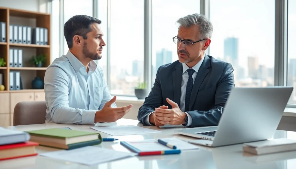 Professional lawyer consulting on a personal injury claim in a modern office setting.