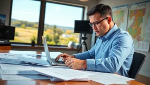 Capture a journalist at work for https://southernmarylandchronicle.com, focused in a vibrant newsroom.